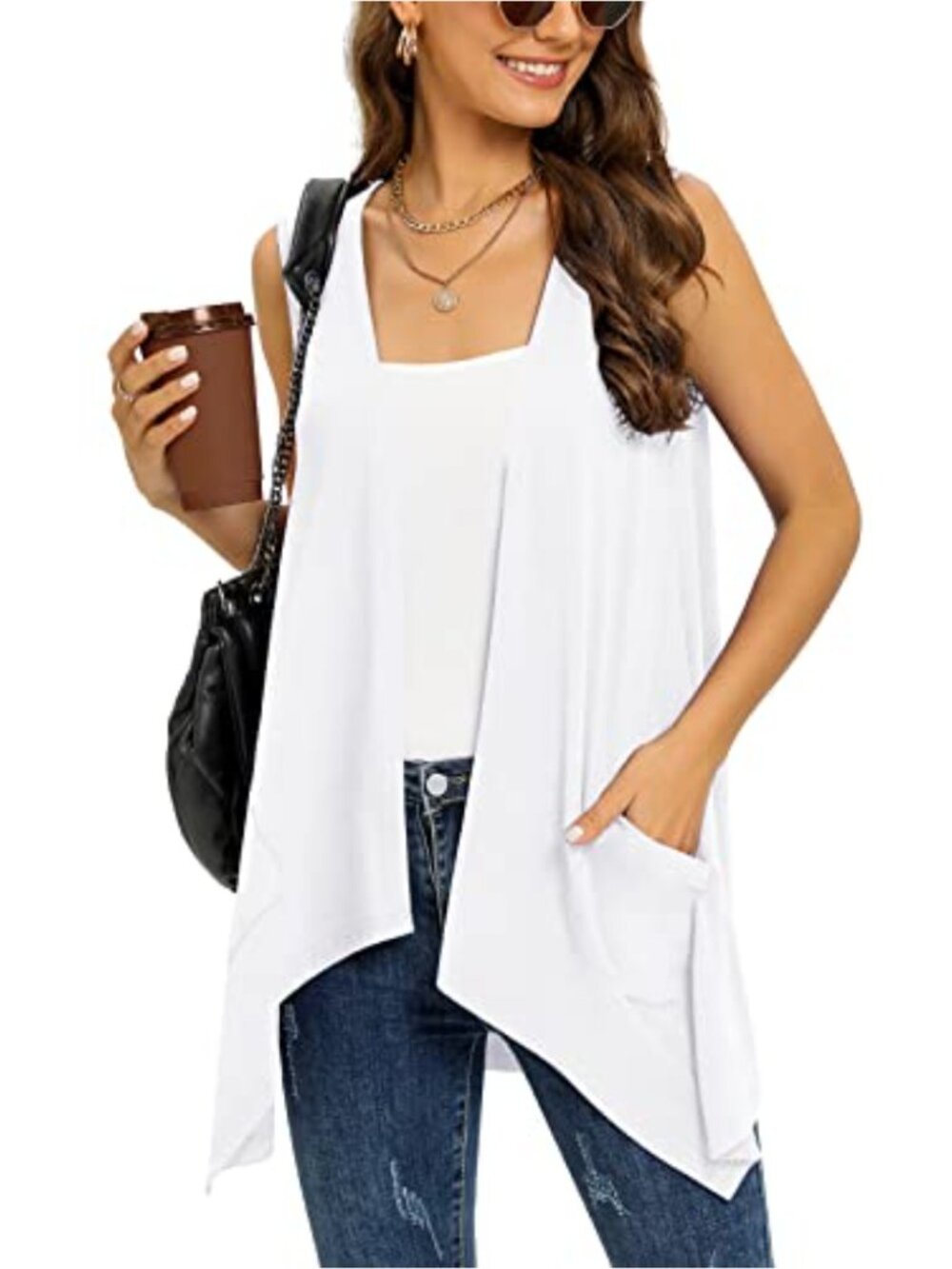 Sleeveless Cardigan Vest with Pockets High Low Hem for Women Lightweight Open